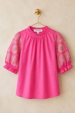 THML Hot Pink Floral Embroidered Puff Sleeve Ruffle Neck Blouse Size S, $78  E25